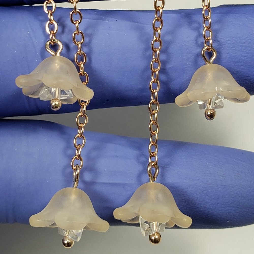 Rose Gold tone & Cream color Flower Crystal 3.5" Drop Dangle Earrings for Women - Picture 8 of 8